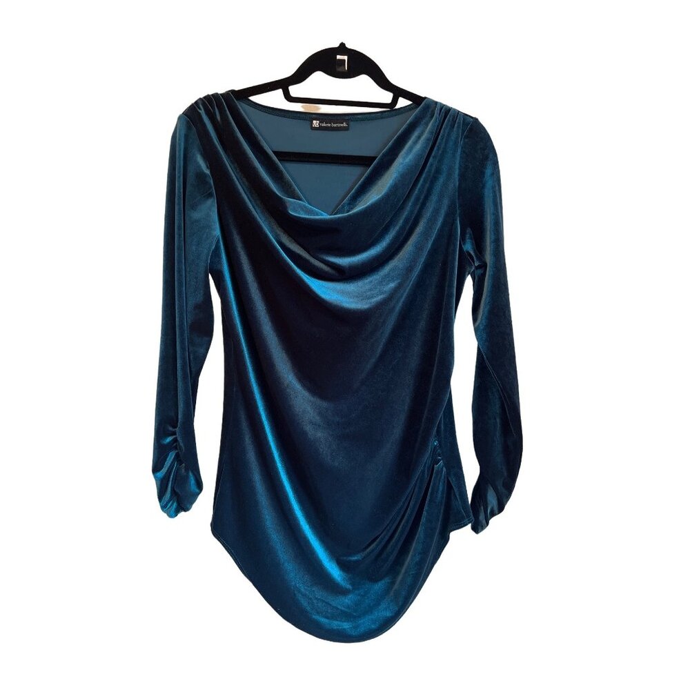 Valerie Bertinelli Teal Blue Velvet Long Sleeve Draped Top For Women